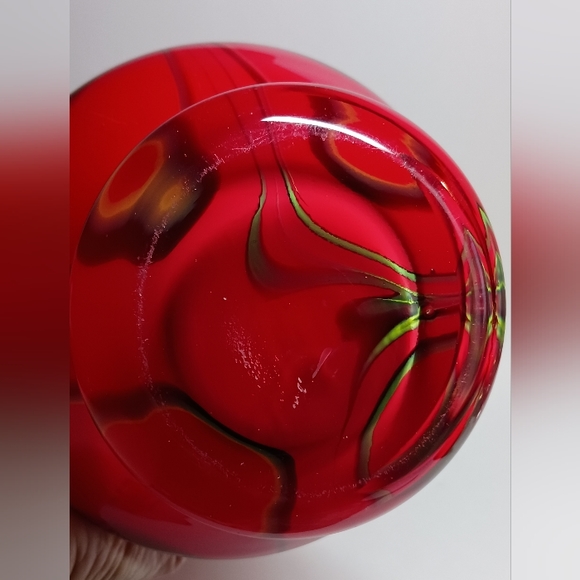 Red White Cased Glass Vase Art Green Orange Ribbon Lines, approx. 12" Tall - Picture 4 of 7